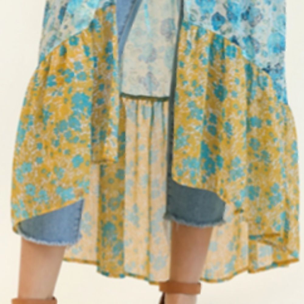 Boho Mixed Floral Bell Sleeves Tie Front Kimono Beach Cover Hippie Festival Vibe - Picture 10 of 11